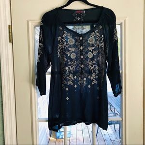 Johnny Was Navy Blue Embroidered Top